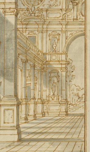 Tableaux et dessins Dessin, Aquarelle & Pastel - Intérieur baroque, un dessin attribué à Francesco Battaglioli