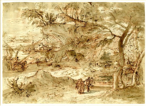 Antiquités - Un grand dessin de paysage éxécuté en Italie vers 1630 par un artiste Flamand