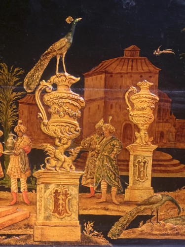 Panneau de bois laqué représentant une Turquerie - Tableaux et dessins Style Louis XIV