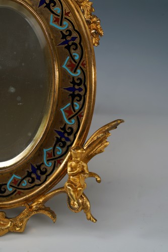 Antiquités - Miroir de table en bronze doré et émail champlevé attribué à A. Giroux, France circa 1880