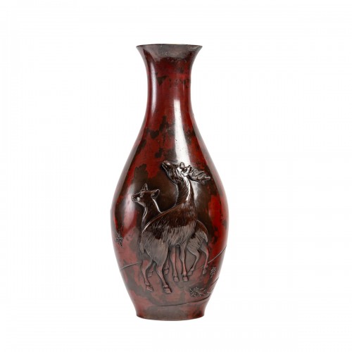 Grand vase balustre japonais en bronze à patine brune et rouge