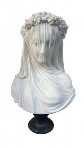 1900/1920 Neapolitan Carrara Marble Bust Of Bride With Veil