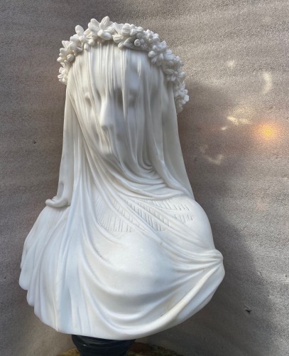 Sculpture  - 1900/1920 Neapolitan Carrara Marble Bust Of Bride With Veil