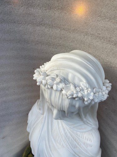 1900/1920 Neapolitan Carrara Marble Bust Of Bride With Veil - Art nouveau