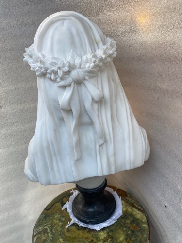 Antiquités - 1900/1920 Neapolitan Carrara Marble Bust Of Bride With Veil