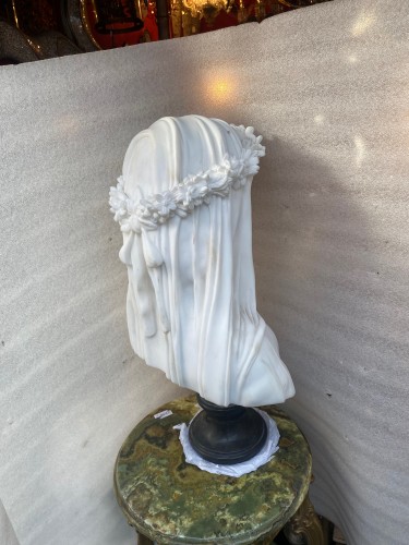 Antiquités - 1900/1920 Neapolitan Carrara Marble Bust Of Bride With Veil