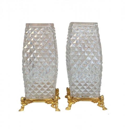 1880‘ Pair Of Baccarat Vases,L’ Escalier De Cristal , Japanese Period Bronz