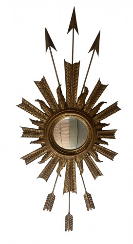 Convex Sun Mirror with Arrows Wood and Gilded Iron Circa 1950/70 