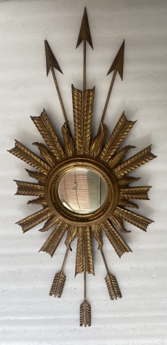Convex Sun Mirror with Arrows Wood and Gilded Iron Circa 1950/70  - Mirrors, Trumeau Style 50