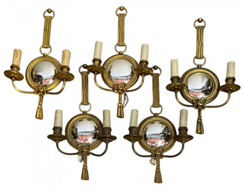 Series of 5 Gilt Bronze Wall Lights with Convex Mirror Signed Petitot 1950