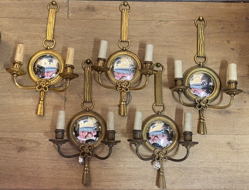 Series of 5 Gilt Bronze Wall Lights with Convex Mirror Signed Petitot 1950 - Lighting Style 50