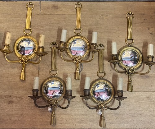 Lighting  - Series of 5 Gilt Bronze Wall Lights with Convex Mirror Signed Petitot 1950