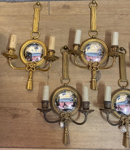 Series of 5 Gilt Bronze Wall Lights with Convex Mirror Signed Petitot 1950 - 