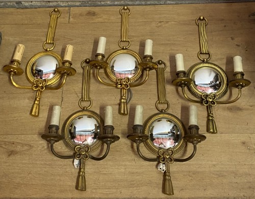 Series of 5 Gilt Bronze Wall Lights with Convex Mirror Signed Petitot 1950 - 50