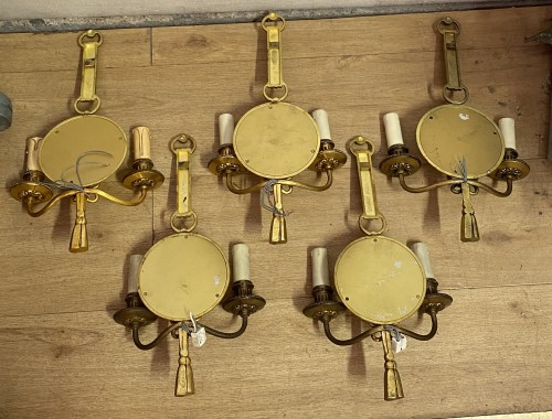 Antiquités - Series of 5 Gilt Bronze Wall Lights with Convex Mirror Signed Petitot 1950