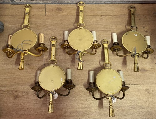 Antiquités - Series of 5 Gilt Bronze Wall Lights with Convex Mirror Signed Petitot 1950