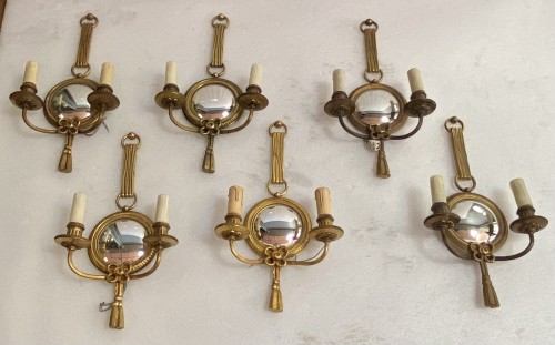 Antiquités - Series of 6 Gilt Bronze Wall Lights with Convex Mirror Signed Petitot 1950