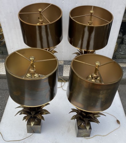 20th century - Maison Charles - Set of 4 Bronze Lamps with Lotus Flower Decor circa 1970