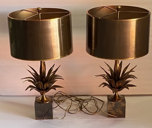 Antiquités - Maison Charles - Set of 4 Bronze Lamps with Lotus Flower Decor circa 1970