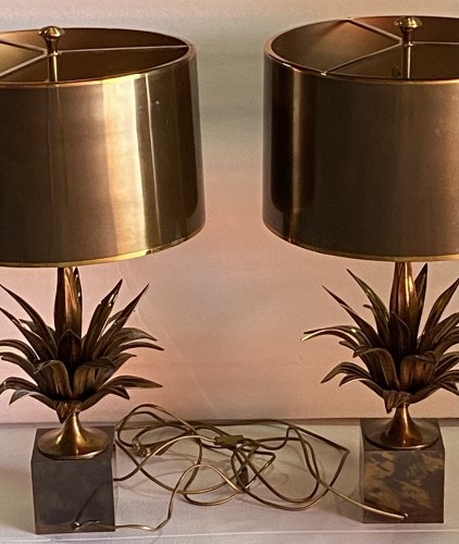 Antiquités - Maison Charles - Set of 4 Bronze Lamps with Lotus Flower Decor circa 1970