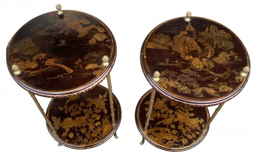 Pair of Maison Baguès Pedestal Tables in Gilt Bronze with Chinese Lacquer