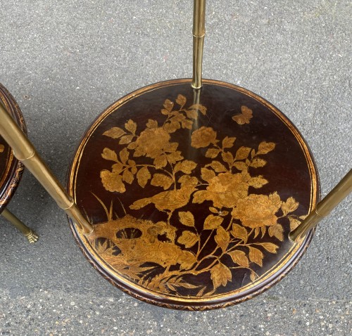 20th century - Pair of Maison Baguès Pedestal Tables in Gilt Bronze with Chinese Lacquer