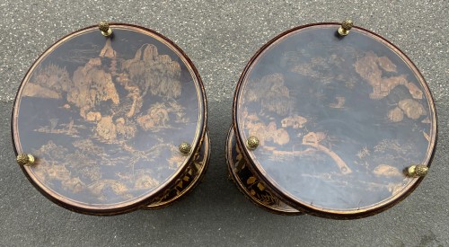 Antiquités - Pair of Maison Baguès Pedestal Tables in Gilt Bronze with Chinese Lacquer