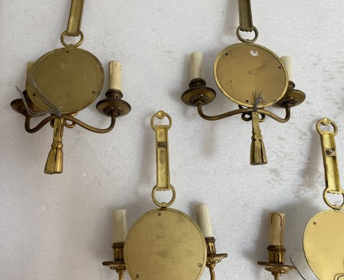 Série de 10 appliques en bronze doré avec miroir convexe signée Petitot 1950-1970 - Années 50-60