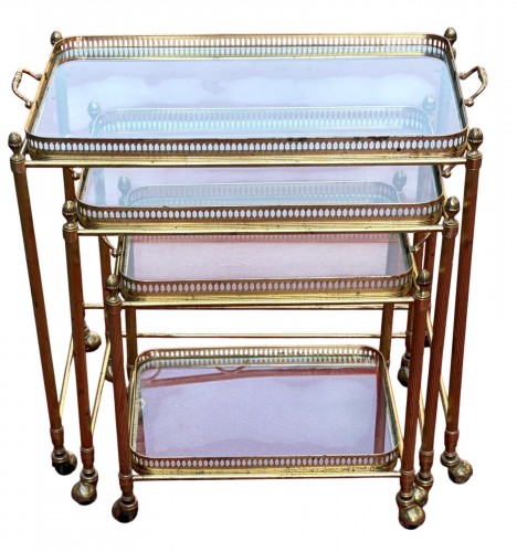 Set of 3 Rolling Nesting Tables in Gilded Bronze with Removable Trays