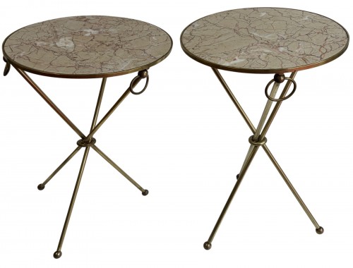 Paire de Guéridons Laiton Doré Style Jacques Adnet Ø 41,5 cm H 61 cm Marbre Calacatta