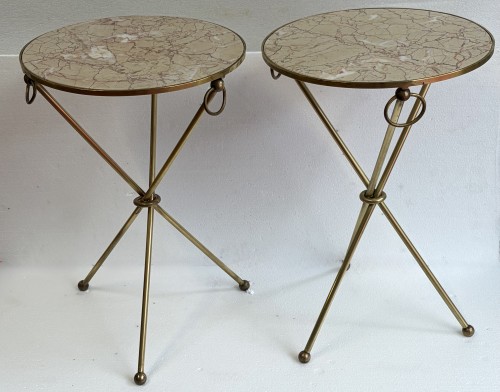 Antiquités - Paire de Guéridons Laiton Doré Style Jacques Adnet Ø 41,5 cm H 61 cm Marbre Calacatta