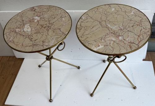 Antiquités - Paire de Guéridons Laiton Doré Style Jacques Adnet Ø 41,5 cm H 61 cm Marbre Calacatta