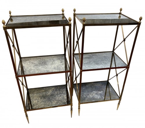 Maison Baguès - Pair Of 3-tier Brass Shelves With Aged Oxidized Mirrored 