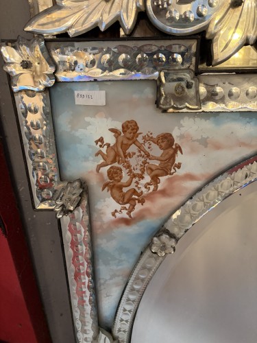 Antiquités - Miroir Vénitien aux 4 saisons aux 4 saisons en fixé sous verre circa 1880/1900