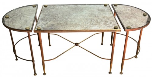 Table basse en bronze, plateaux en miroir oxydé Vieilli vers 1970