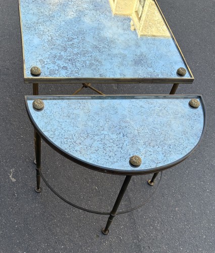 Années 50-60 - Table basse en bronze, plateaux en miroir oxydé Vieilli vers 1970