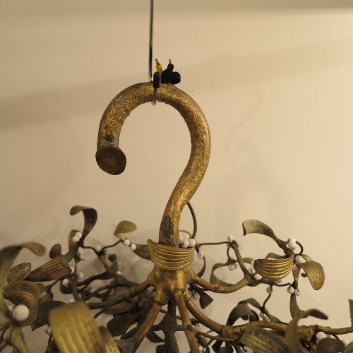 Luminaires Lustre - Lustre boule de gui Art nouveau en bronze et perles opaline