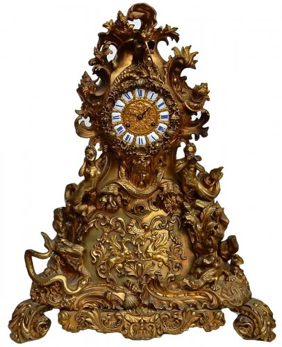 1850 ' Pendule rocaille en bronze par Denier à Paris "Un monde aquatique"