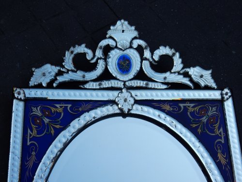 Mirrors, Trumeau  - Venitian Mirror  With Pediment- Blue Glass  Adorned with Flowers