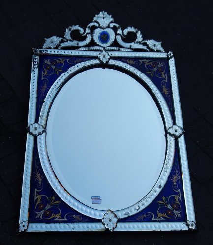 Venitian Mirror  With Pediment- Blue Glass  Adorned with Flowers - 