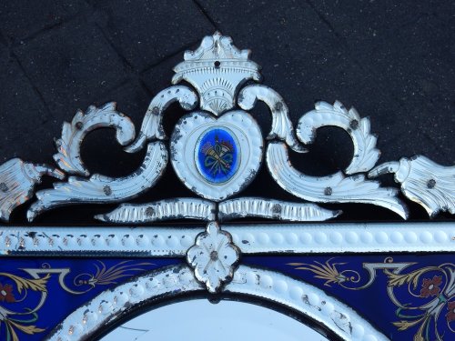 Antiquités - Venitian Mirror  With Pediment- Blue Glass  Adorned with Flowers