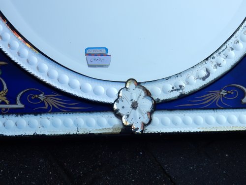 Antiquités - Venitian Mirror  With Pediment- Blue Glass  Adorned with Flowers