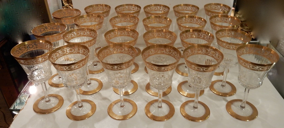 60 Saint Louis Gilt Crystal Champagne Red White Wine Water Glasses