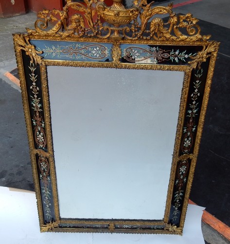 Mirrors, Trumeau  - Venitian and gilted bronze mirror with pediment black color glass