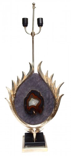 Pied de lampe à décor de lotus en bronze argenté, galuchat, agate, vers 1970