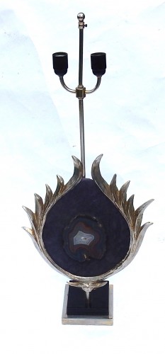 Pied de lampe à décor de lotus en bronze argenté, galuchat, agate, vers 1970 - Luminaires Style Années 50-60