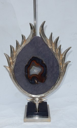 Pied de lampe à décor de lotus en bronze argenté, galuchat, agate, vers 1970 - ABC Pascal