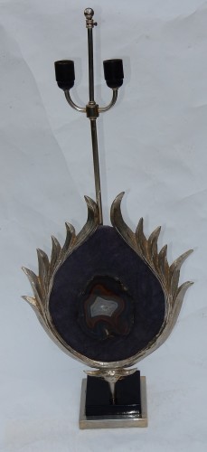 XXe siècle - Pied de lampe à décor de lotus en bronze argenté, galuchat, agate, vers 1970