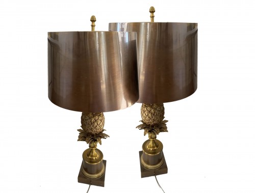 1950/70 Charles - Pair Of Bronze Pineapple Lamps, Brass Lampshade