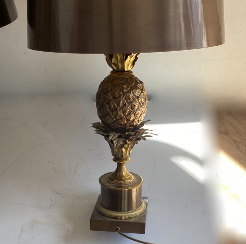 Lighting  - 1950/70 Charles - Pair Of Bronze Pineapple Lamps, Brass Lampshade